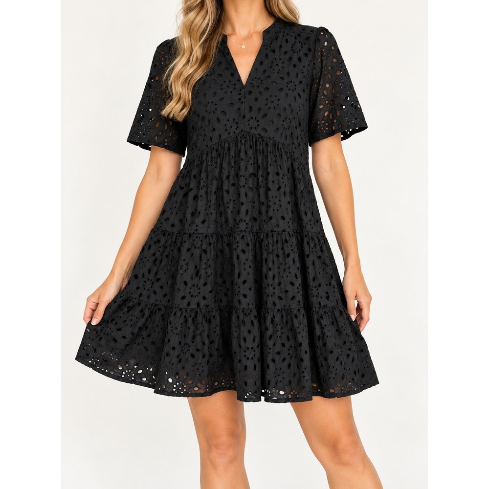 BTFBM Black Eyelet Lace Tiered Mini Dress V-Neck Short Sleeve Cotton Boho M